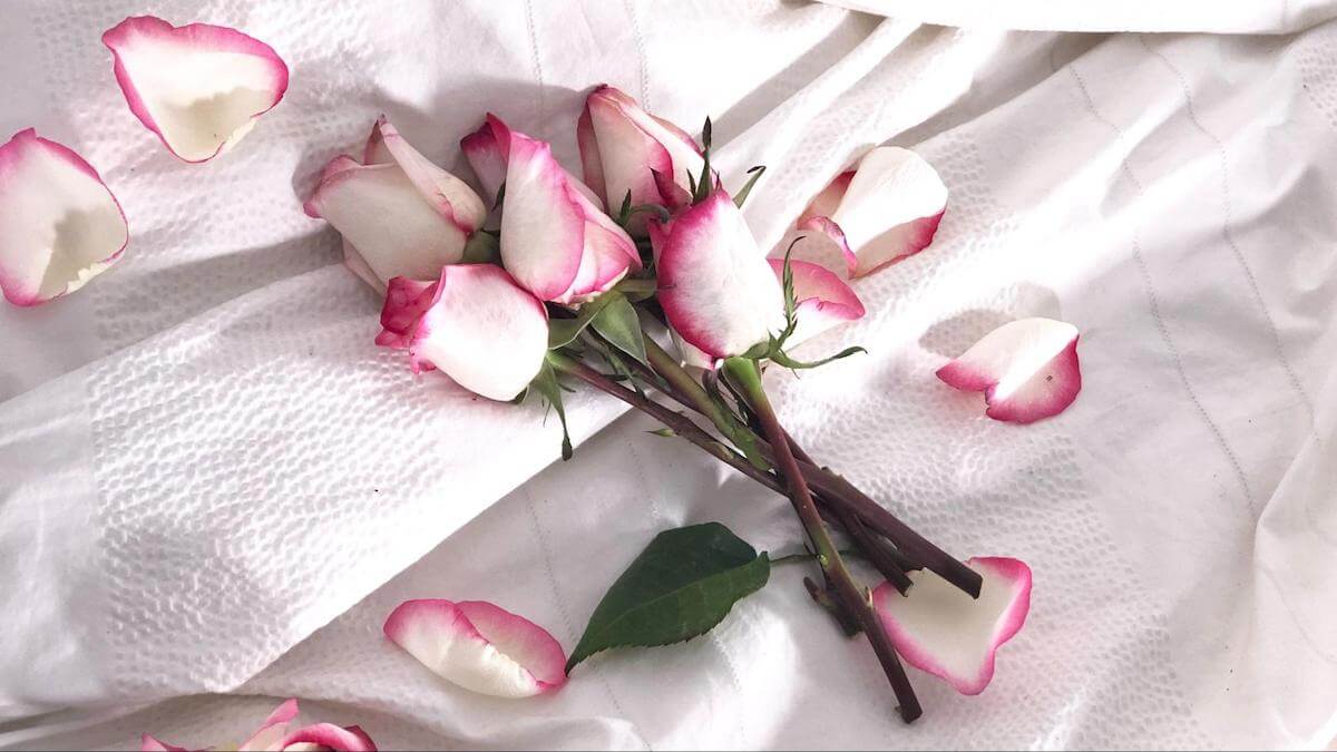 pink and white flowers on a bed sheet